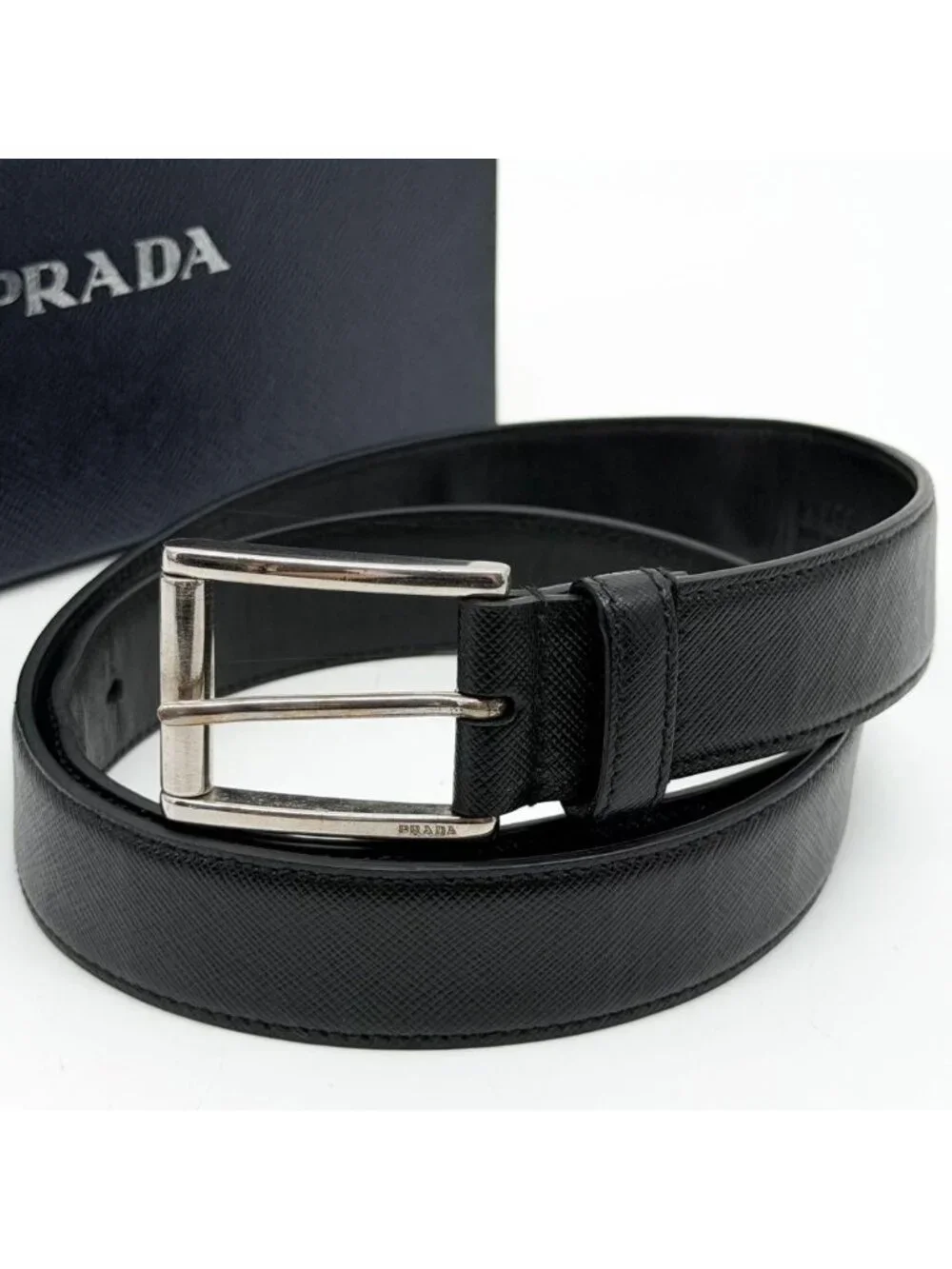 Prada Saffiano Leather Belt Black Silver Classic